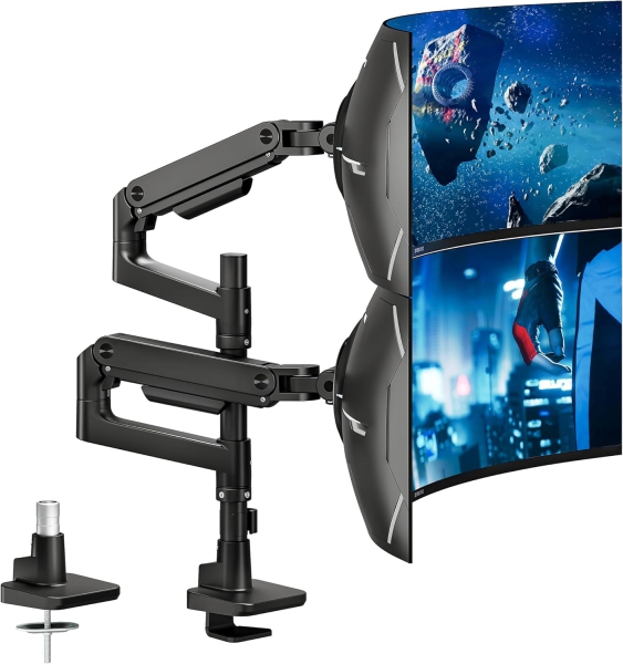 ARES WING Dual Monitor Halterung für 17–49 Zoll (Vertikal & Horizontal) (Heavy-Duty Doppel-Monitorarm mit Gasdruckfeder-Technologie – Trägt bis zu 20 kg pro Monitor – Stackable- oder Side-by-Side-Konfiguration.)