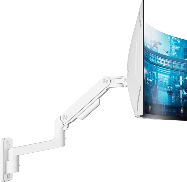ARES WING Heavy Duty Monitor Wandhalterung (Weiß) für 17–49 Zoll (Perfekt für Ultrawide & Curved Monitore. Gasdruckfeder-Arm mit 20 kg Tragkraft)
