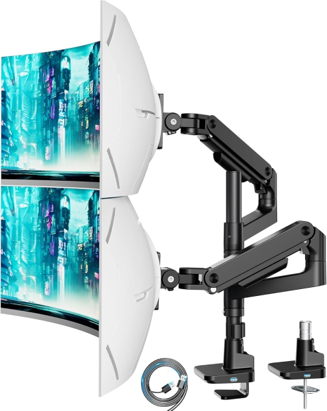 ARES WING Monitorhalterung 2 Monitore übereinander für 17-49 Zoll Flach & Curved Bildschirme, dual Monitor Halterung mit Gasfeder und USB A/C Port, Höhenverstellbar, Gewicht 2-20kg/arm,VESA 75 & 100