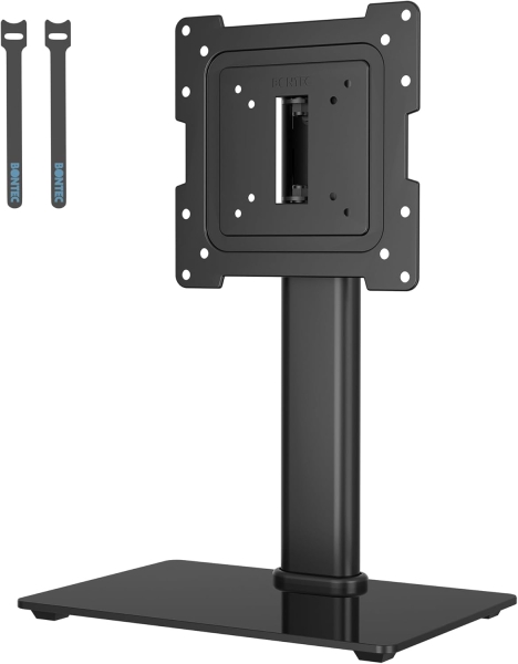 BONTEC TV & Monitor Standfuß für 17–43 Zoll (Schwenkbar & Höhenverstellbar) (Robuster Tischständer mit Glasfuß für Geräte bis 45 kg – VESA max. 200x200 mm)