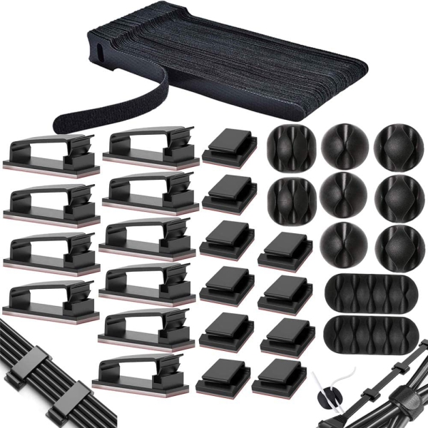 MiuCo Kabelmanagement Schreibtisch Kit (100-teilig) – Der ultimative Organizer (Komplett-Set mit 50 Klettbindern, 40 Clips & 10 Silikonhaltern – Selbstklebend & Rückstandsfrei.)