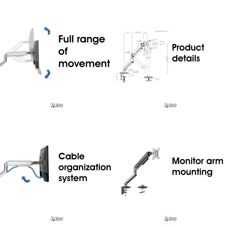 3IDEE Dual-Monitorhalterung | Für 2 Monitore 17"-32" Bildschirme | Höhenverstellbar - bis 9kg pro Arm