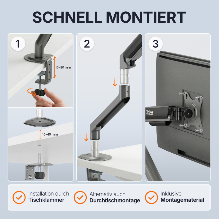 3IDEE Flexi-Lite Single Monitorarm für 13-32 Zoll Bildschirme (Max. 9 kg)