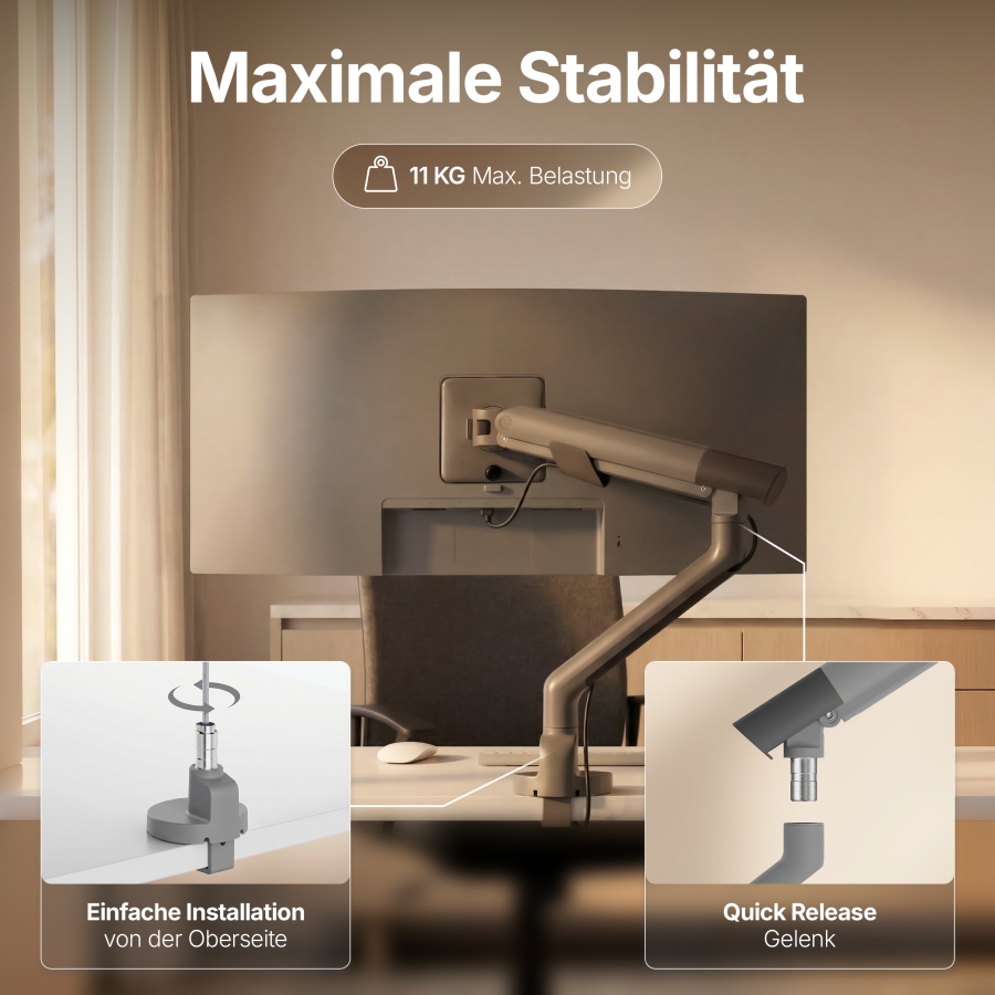 3IDEE Flexi Pro Monitorarm - Premium Halterung bis 40" & 11kg, VESA 75/100 (Gewinner Design Award 2026 – Mechanische Feder, Top-Side Montage & Rotationsstopp.)