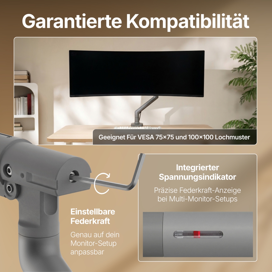 3IDEE Flexi Pro Monitorarm - Premium Halterung bis 40" & 11kg, VESA 75/100 (Gewinner Design Award 2026 – Mechanische Feder, Top-Side Montage & Rotationsstopp.)
