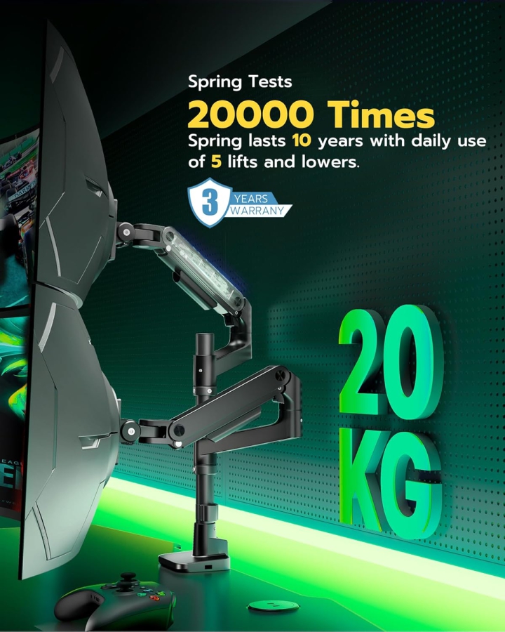 ARES WING Dual  Halterung 2 Monitore für 17-49 Zoll (Max. 20 kg/Arm) – Übereinander & Nebeneinander, USB A/C Ports, Gasfeder – VESA 75/100 (Heavy Duty Doppel-Monitorarm: 20kg Tragkraft pro Arm, integrierter USB-Hub & Top-Side Montage.)