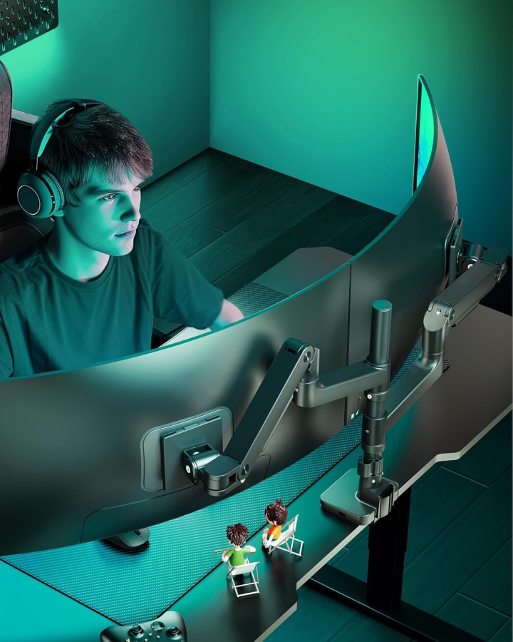 ARES WING Dual  Halterung 2 Monitore für 17-49 Zoll (Max. 20 kg/Arm) – Übereinander & Nebeneinander, USB A/C Ports, Gasfeder – VESA 75/100 (Heavy Duty Doppel-Monitorarm: 20kg Tragkraft pro Arm, integrierter USB-Hub & Top-Side Montage.)