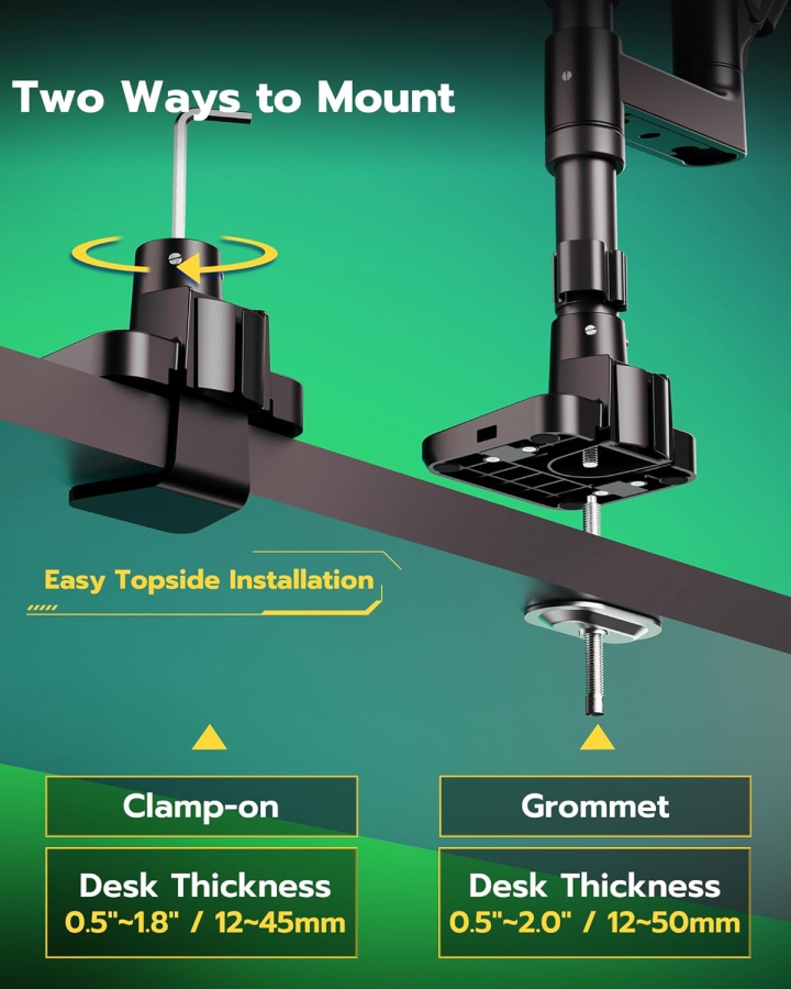 ARES WING Dual  Halterung 2 Monitore für 17-49 Zoll (Max. 20 kg/Arm) – Übereinander & Nebeneinander, USB A/C Ports, Gasfeder – VESA 75/100 (Heavy Duty Doppel-Monitorarm: 20kg Tragkraft pro Arm, integrierter USB-Hub & Top-Side Montage.)