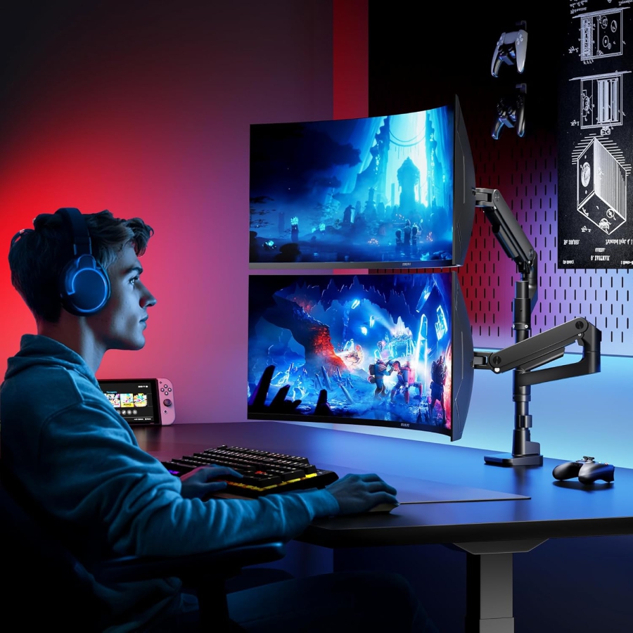 ARES WING Dual Monitor Halterung für 17–49 Zoll (Vertikal & Horizontal) (Heavy-Duty Doppel-Monitorarm mit Gasdruckfeder-Technologie – Trägt bis zu 20 kg pro Monitor – Stackable- oder Side-by-Side-Konfiguration.)