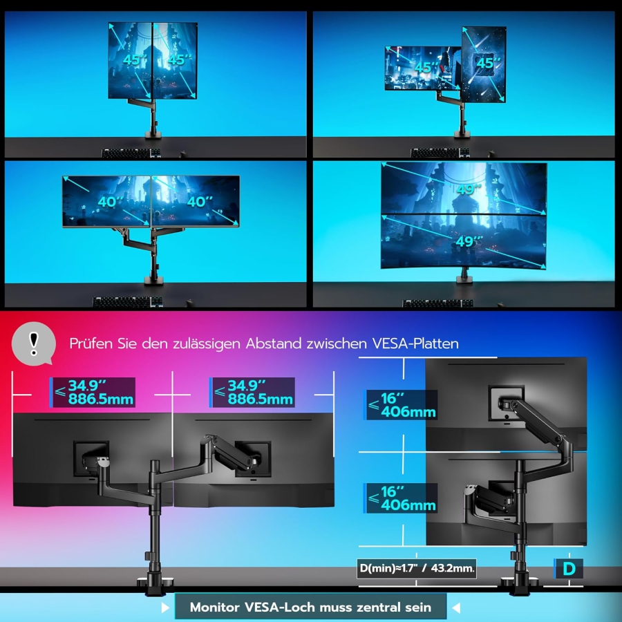 ARES WING Dual Monitor Halterung für 17–49 Zoll (Vertikal & Horizontal) (Heavy-Duty Doppel-Monitorarm mit Gasdruckfeder-Technologie – Trägt bis zu 20 kg pro Monitor – Stackable- oder Side-by-Side-Konfiguration.)
