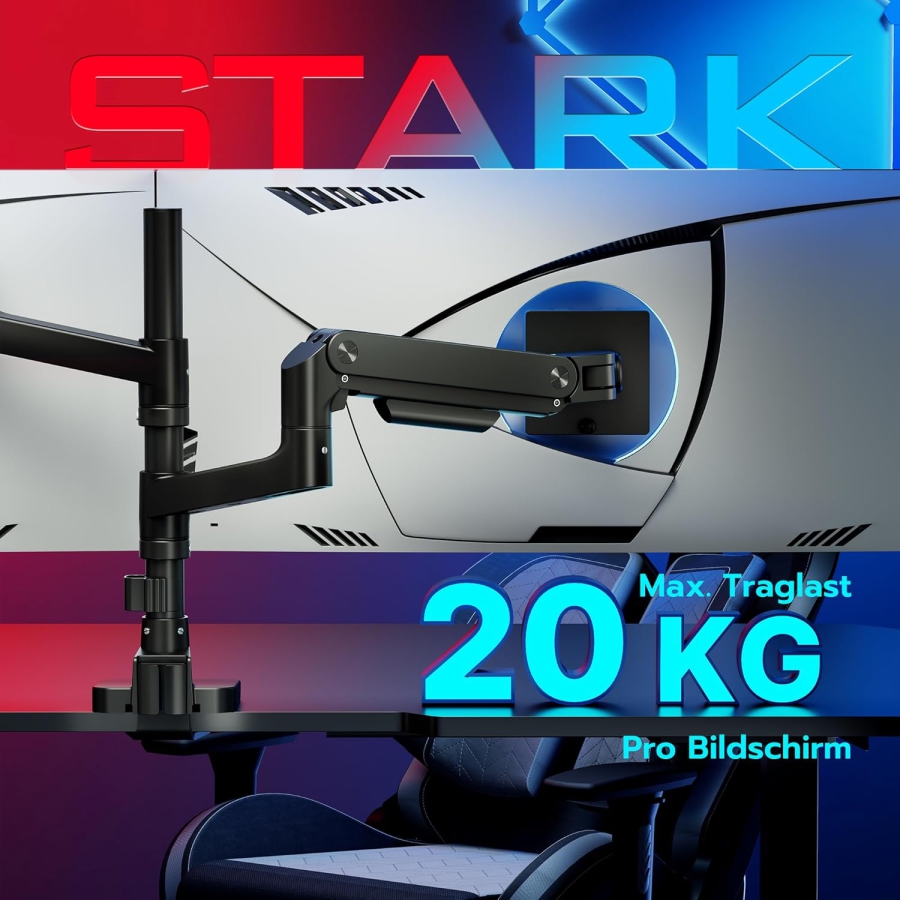 ARES WING Dual Monitor Halterung für 17–49 Zoll (Vertikal & Horizontal) (Heavy-Duty Doppel-Monitorarm mit Gasdruckfeder-Technologie – Trägt bis zu 20 kg pro Monitor – Stackable- oder Side-by-Side-Konfiguration.)