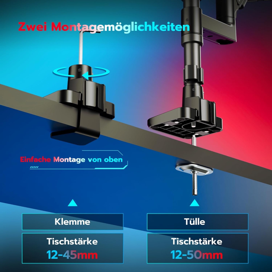 ARES WING Dual Monitor Halterung für 17–49 Zoll (Vertikal & Horizontal) (Heavy-Duty Doppel-Monitorarm mit Gasdruckfeder-Technologie – Trägt bis zu 20 kg pro Monitor – Stackable- oder Side-by-Side-Konfiguration.)