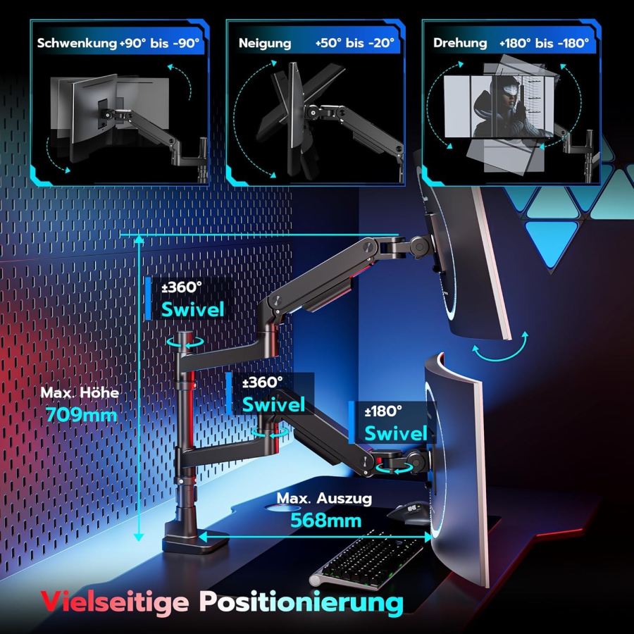ARES WING Dual Monitor Halterung für 17–49 Zoll (Vertikal & Horizontal)