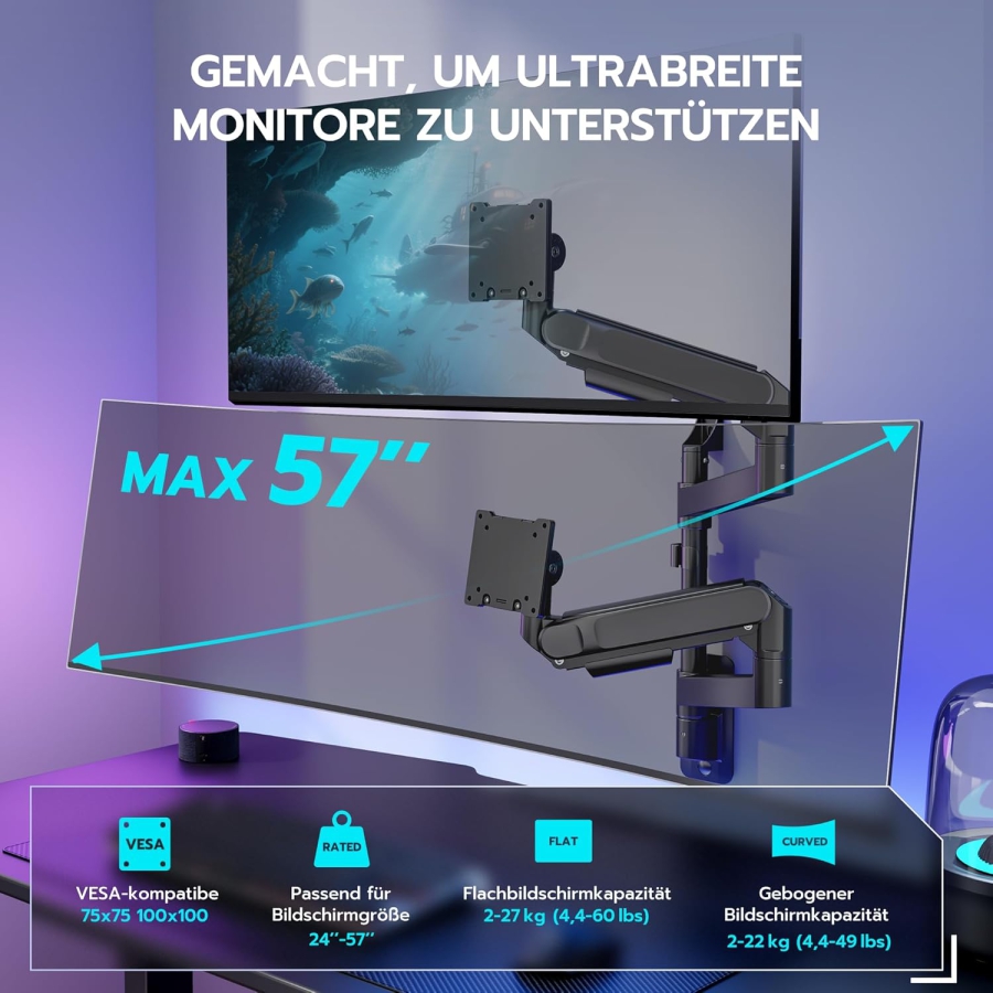 ARES WING Dual Monitor Wandhalterung 24-57" – Gasfeder, 27kg pro Arm, VESA 75/100 (Premium Wand-Monitorarm für zwei Ultrawide & Curved Screens: Maximale Stabilität für dein High-End Setup.)