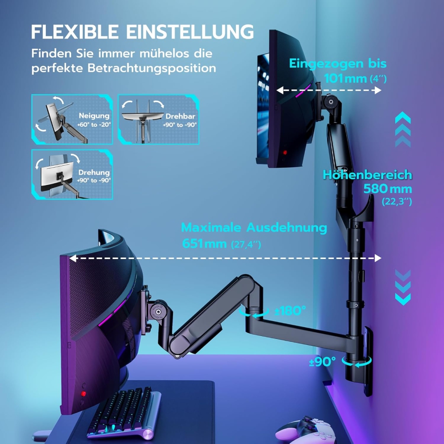 ARES WING Dual Monitor Wandhalterung 24-57" – Gasfeder, 27kg pro Arm, VESA 75/100 (Premium Wand-Monitorarm für zwei Ultrawide & Curved Screens: Maximale Stabilität für dein High-End Setup.)