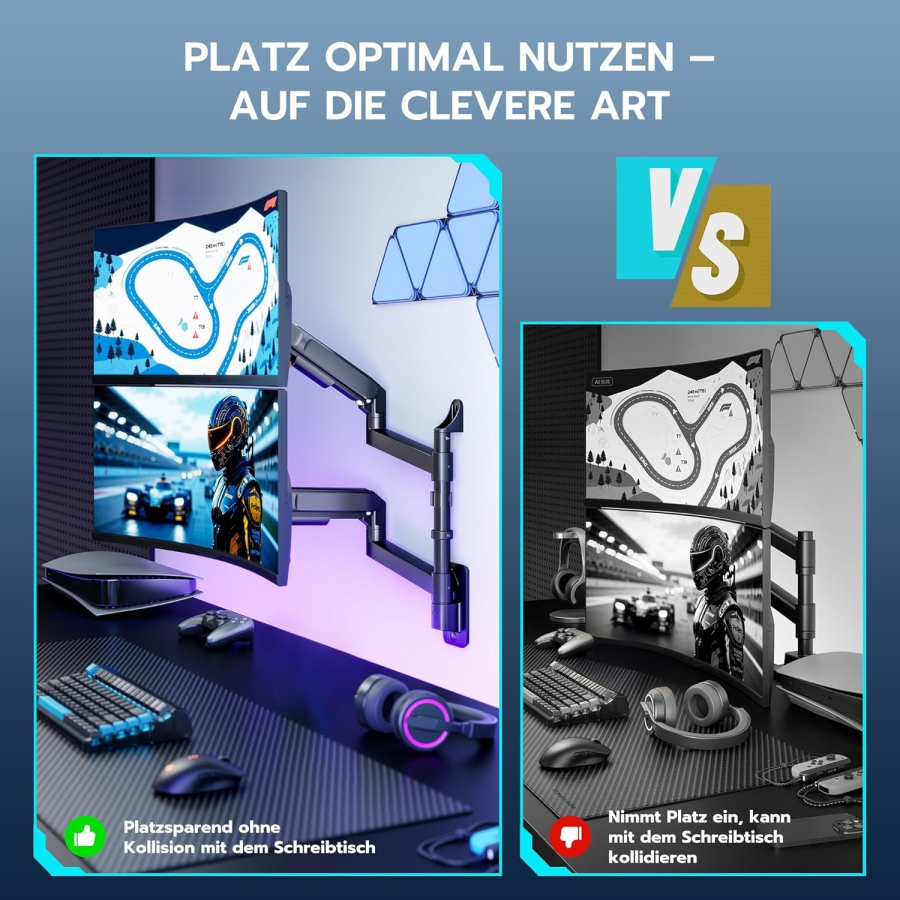 ARES WING Dual Monitor Wandhalterung 24-57" – Gasfeder, 27kg pro Arm, VESA 75/100 (Premium Wand-Monitorarm für zwei Ultrawide & Curved Screens: Maximale Stabilität für dein High-End Setup.)