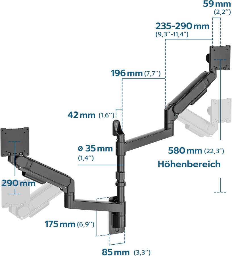 ARES WING Dual Monitor Wandhalterung 24-57" – Gasfeder, 27kg pro Arm, VESA 75/100 (Premium Wand-Monitorarm für zwei Ultrawide & Curved Screens: Maximale Stabilität für dein High-End Setup.)
