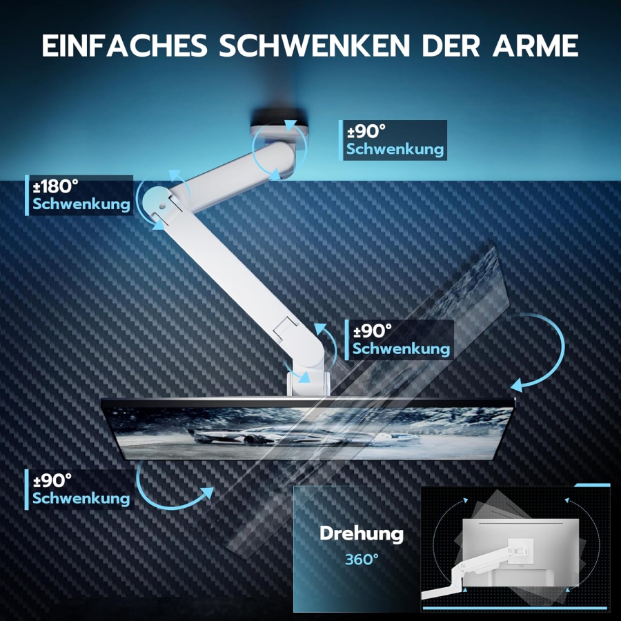 ARES WING Heavy Duty Monitor Wandhalterung (Weiß) für 17–49 Zoll (Perfekt für Ultrawide & Curved Monitore. Gasdruckfeder-Arm mit 20 kg Tragkraft)