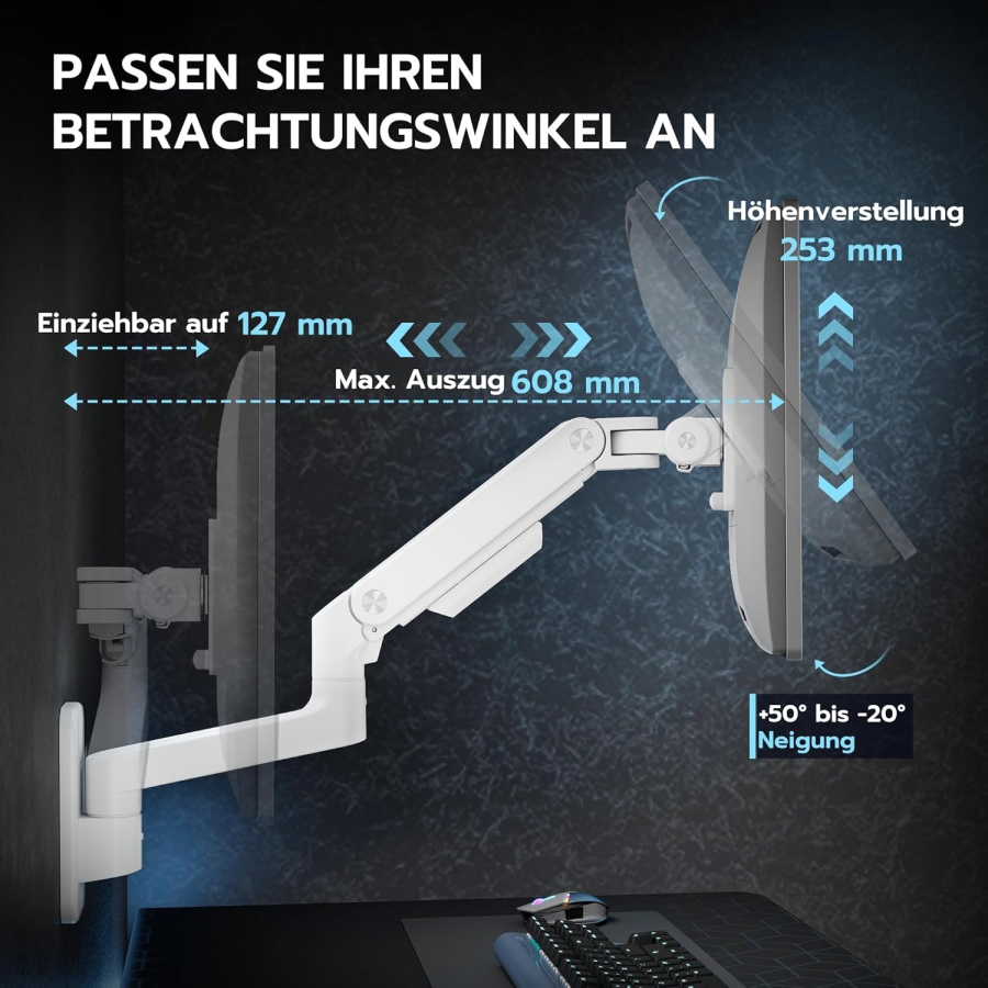 ARES WING Heavy Duty Monitor Wandhalterung (Weiß) für 17–49 Zoll (Perfekt für Ultrawide & Curved Monitore. Gasdruckfeder-Arm mit 20 kg Tragkraft)