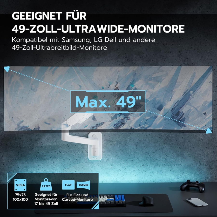 ARES WING Heavy Duty Monitor Wandhalterung (Weiß) für 17–49 Zoll (Perfekt für Ultrawide & Curved Monitore. Gasdruckfeder-Arm mit 20 kg Tragkraft)
