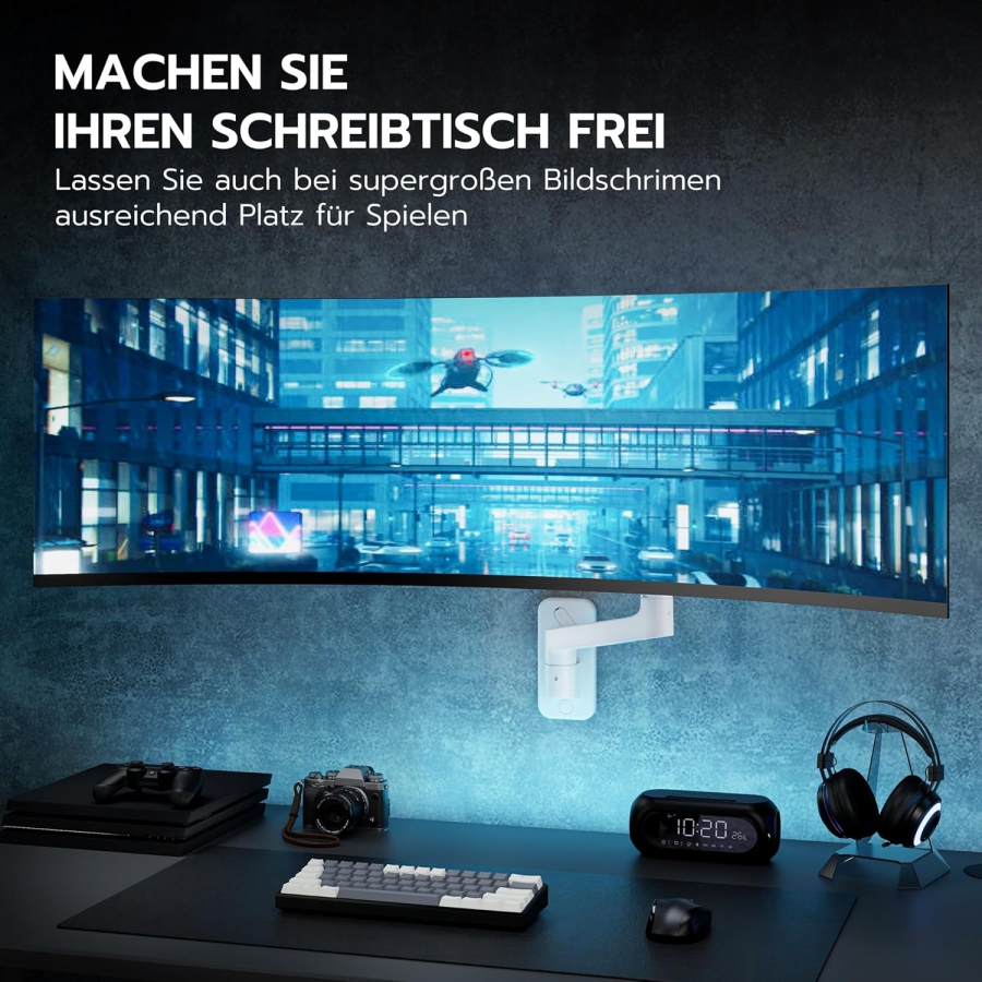 ARES WING Heavy Duty Monitor Wandhalterung (Weiß) für 17–49 Zoll (Perfekt für Ultrawide & Curved Monitore. Gasdruckfeder-Arm mit 20 kg Tragkraft)
