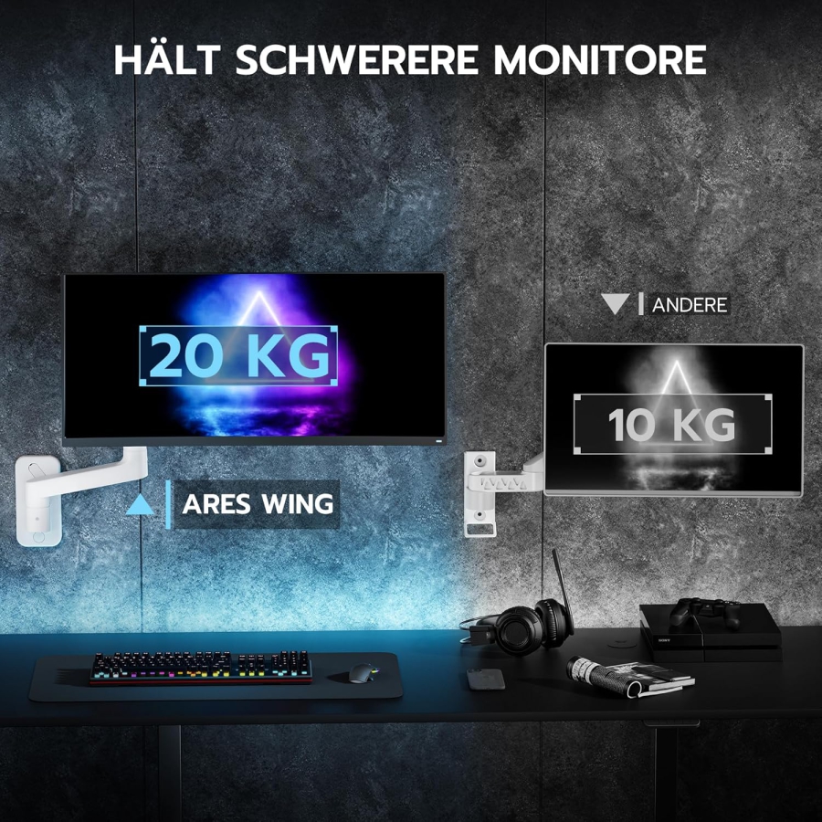 ARES WING Heavy Duty Monitor Wandhalterung (Weiß) für 17–49 Zoll (Perfekt für Ultrawide & Curved Monitore. Gasdruckfeder-Arm mit 20 kg Tragkraft)