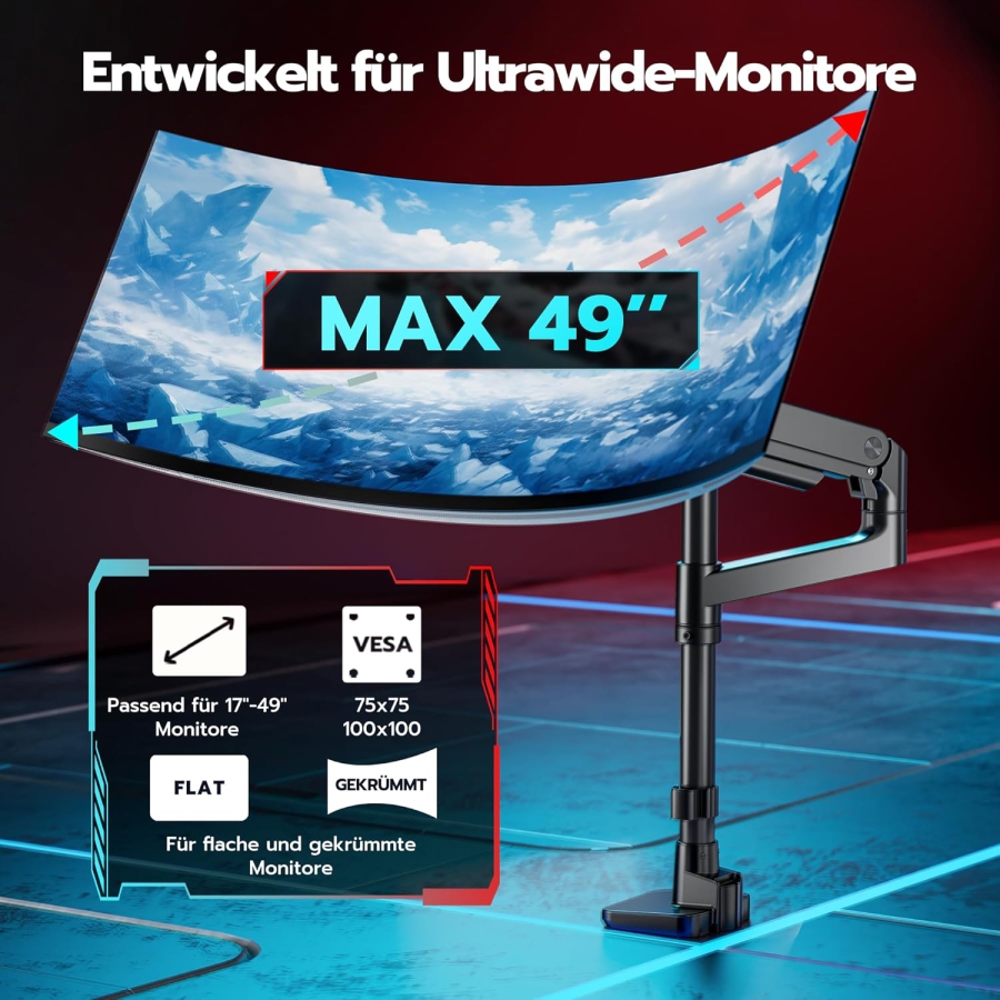 ARES WING Heavy Duty Monitorarm 17-49 Zoll (bis 20 kg) – Gasfeder (Extra hohe Säule & 20 kg Tragkraft für Ultrawide & Curved Screens.)
