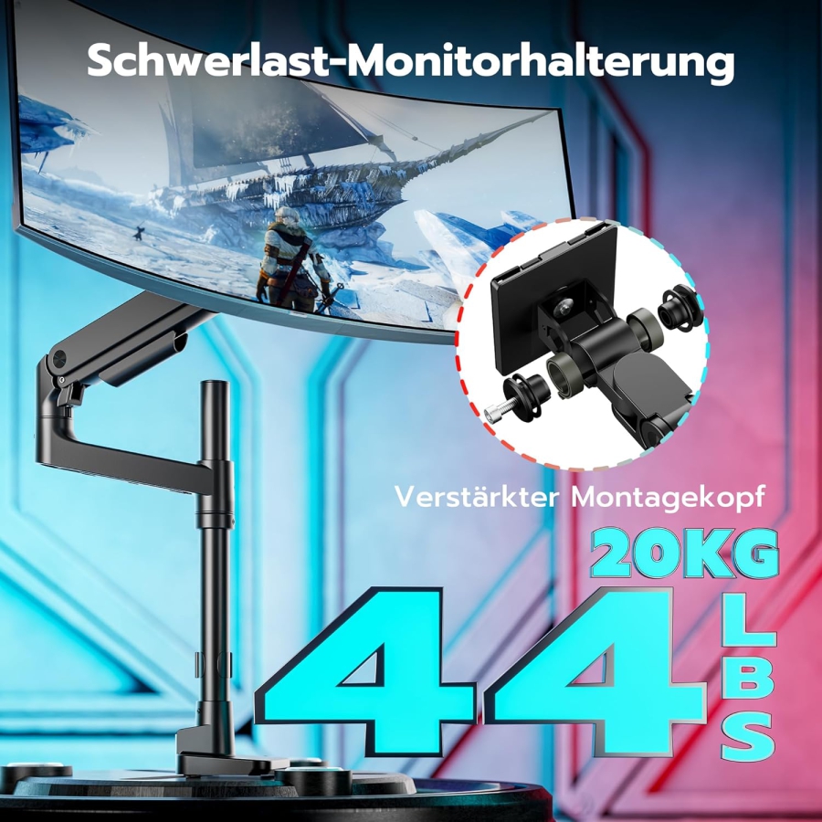 ARES WING Heavy Duty Monitorarm 17-49 Zoll (bis 20 kg) – Gasfeder (Extra hohe Säule & 20 kg Tragkraft für Ultrawide & Curved Screens.)