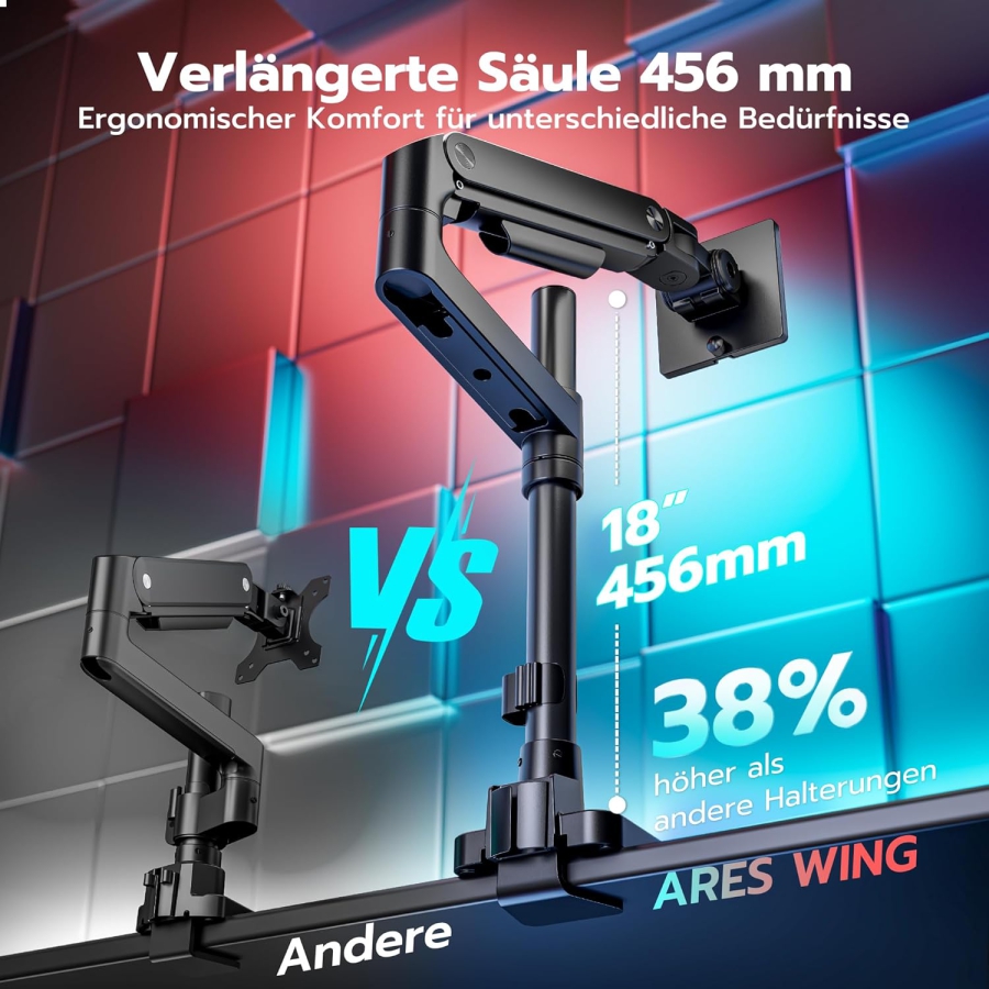 ARES WING Heavy Duty Monitorarm 17-49 Zoll (bis 20 kg) – Gasfeder (Extra hohe Säule & 20 kg Tragkraft für Ultrawide & Curved Screens.)