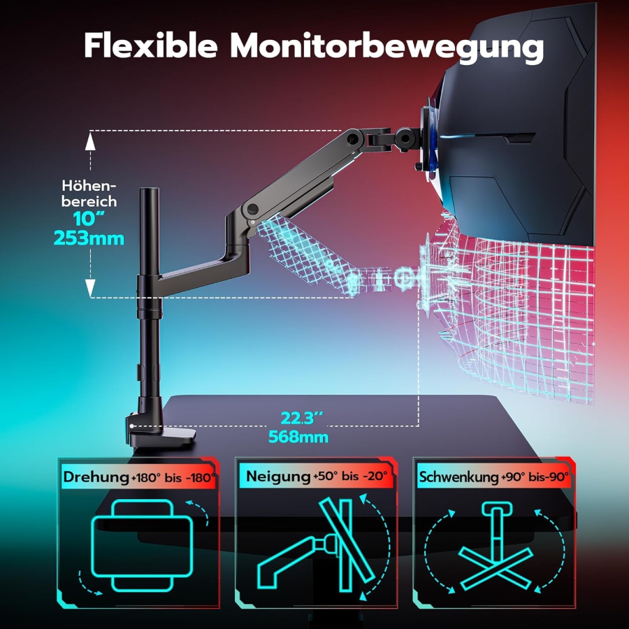 ARES WING Heavy Duty Monitorarm 17-49 Zoll (bis 20 kg) – Gasfeder (Extra hohe Säule & 20 kg Tragkraft für Ultrawide & Curved Screens.)