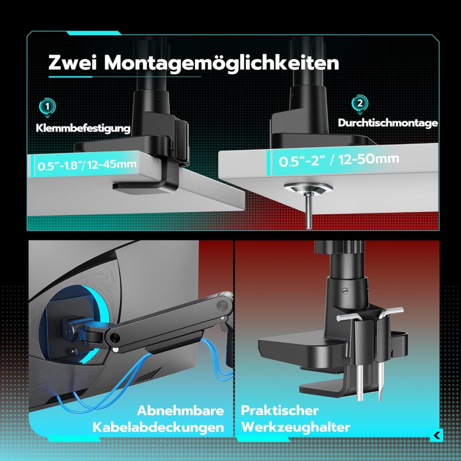 ARES WING Heavy Duty Monitorarm 17-49 Zoll (bis 20 kg) – Gasfeder (Extra hohe Säule & 20 kg Tragkraft für Ultrawide & Curved Screens.)