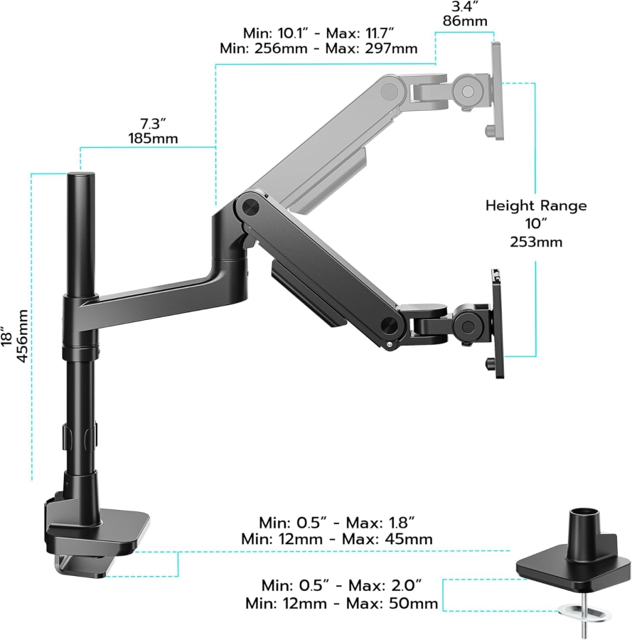 ARES WING Heavy Duty Monitorarm 17-49 Zoll (bis 20 kg) – Gasfeder (Extra hohe Säule & 20 kg Tragkraft für Ultrawide & Curved Screens.)