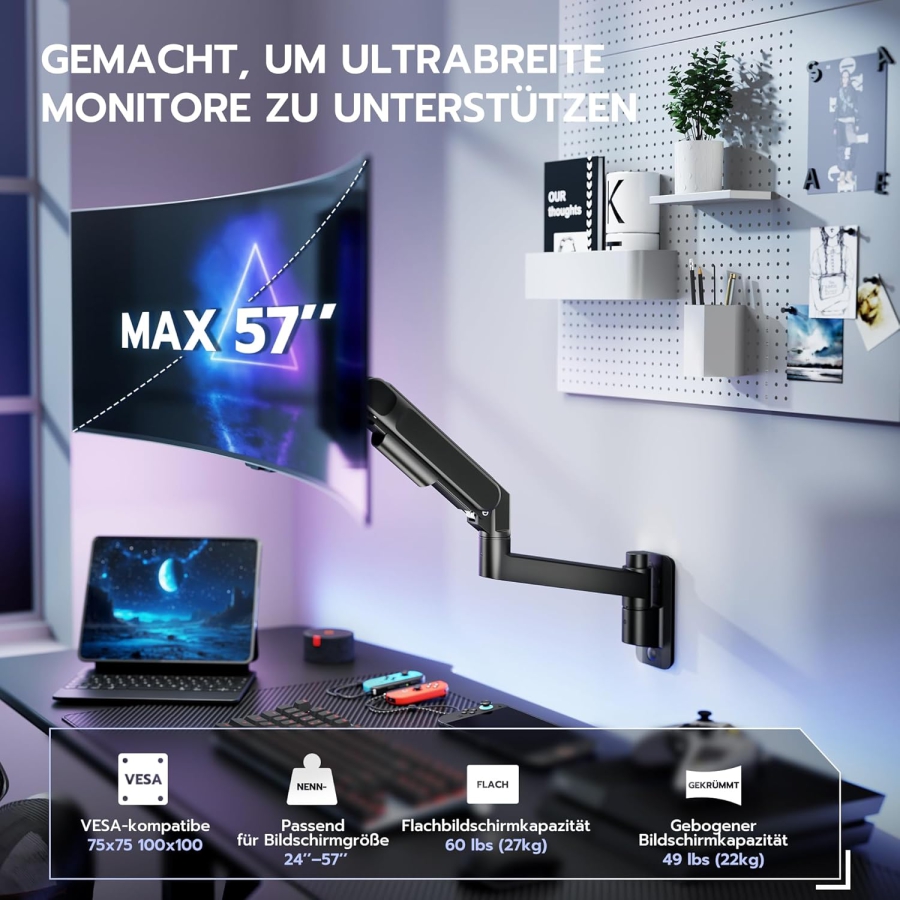ARES WING Monitor Wandhalterung 24-57 Zoll (bis 27kg) – Gasfeder (Heavy Duty Wandarm für Ultrawide & Curved Screens.)