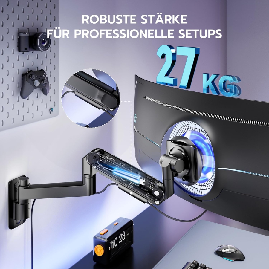 ARES WING Monitor Wandhalterung 24-57 Zoll (bis 27kg) – Gasfeder (Heavy Duty Wandarm für Ultrawide & Curved Screens.)