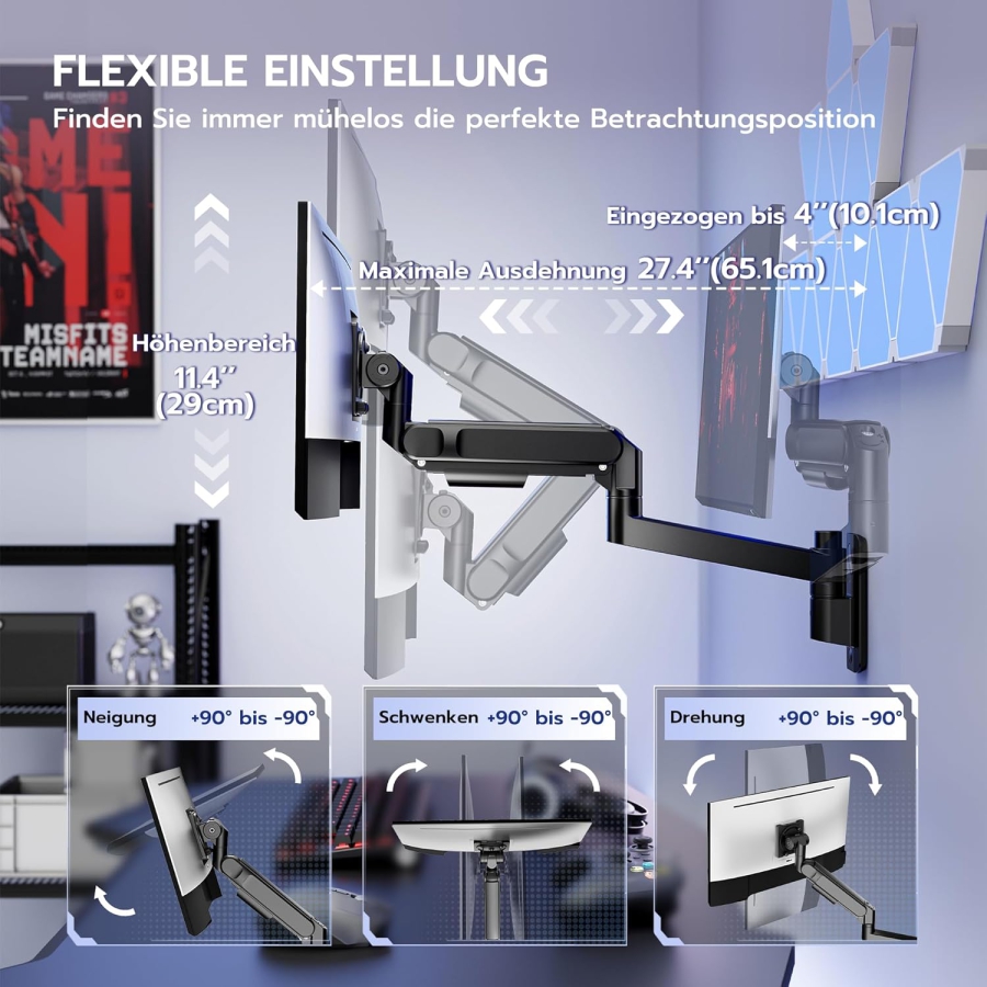 ARES WING Monitor Wandhalterung 24-57 Zoll (bis 27kg) – Gasfeder (Heavy Duty Wandarm für Ultrawide & Curved Screens.)
