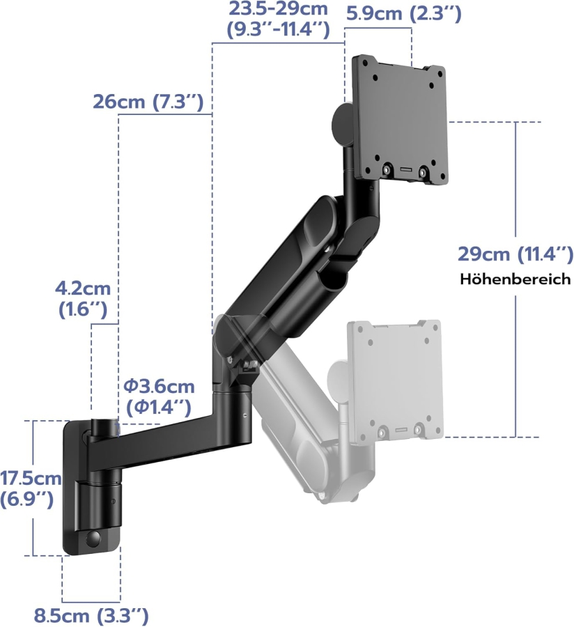 ARES WING Monitor Wandhalterung 24-57 Zoll (bis 27kg) – Gasfeder (Heavy Duty Wandarm für Ultrawide & Curved Screens.)