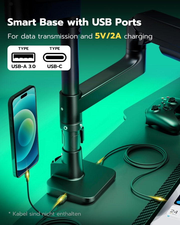 ARES WING Monitorhalterung 2 Monitore für 17-49 Zoll Monitore, Gasfeder und USB A/C Port, Höhenverstellbar,bis 20kg/Arm,VESA 75 & 100