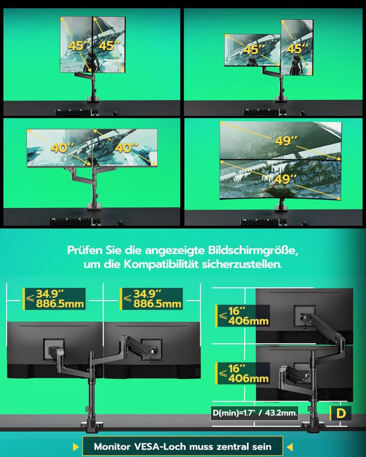 ARES WING Monitorhalterung 2 Monitore übereinander für 17-49 Zoll Flach & Curved Bildschirme, dual Monitor Halterung mit Gasfeder und USB A/C Port, Höhenverstellbar, Gewicht 2-20kg/arm,VESA 75 & 100