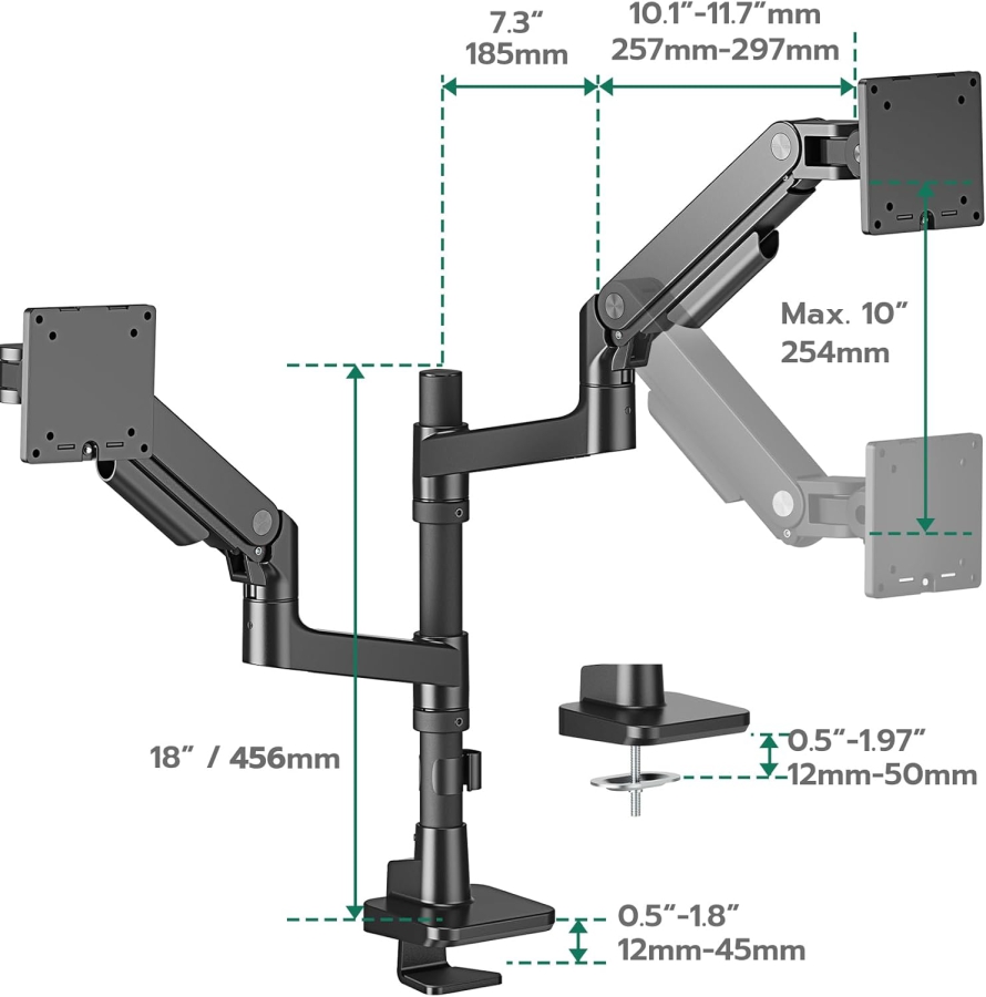 ARES WING Monitorhalterung 2 Monitore übereinander für 17-49 Zoll Flach & Curved Bildschirme, dual Monitor Halterung mit Gasfeder und USB A/C Port, Höhenverstellbar, Gewicht 2-20kg/arm,VESA 75 & 100
