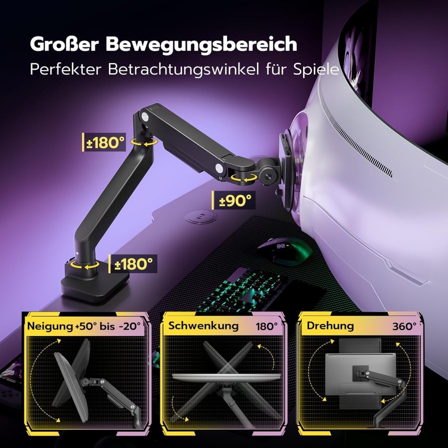 ARES WING Premium Monitorhalterung 17-49" – Gasfeder-Arm bis 20 kg, Schwarz (Maximale Reichweite & Ergonomie: Deine Monitorhalterung für Gaming & Fokuszeit.)