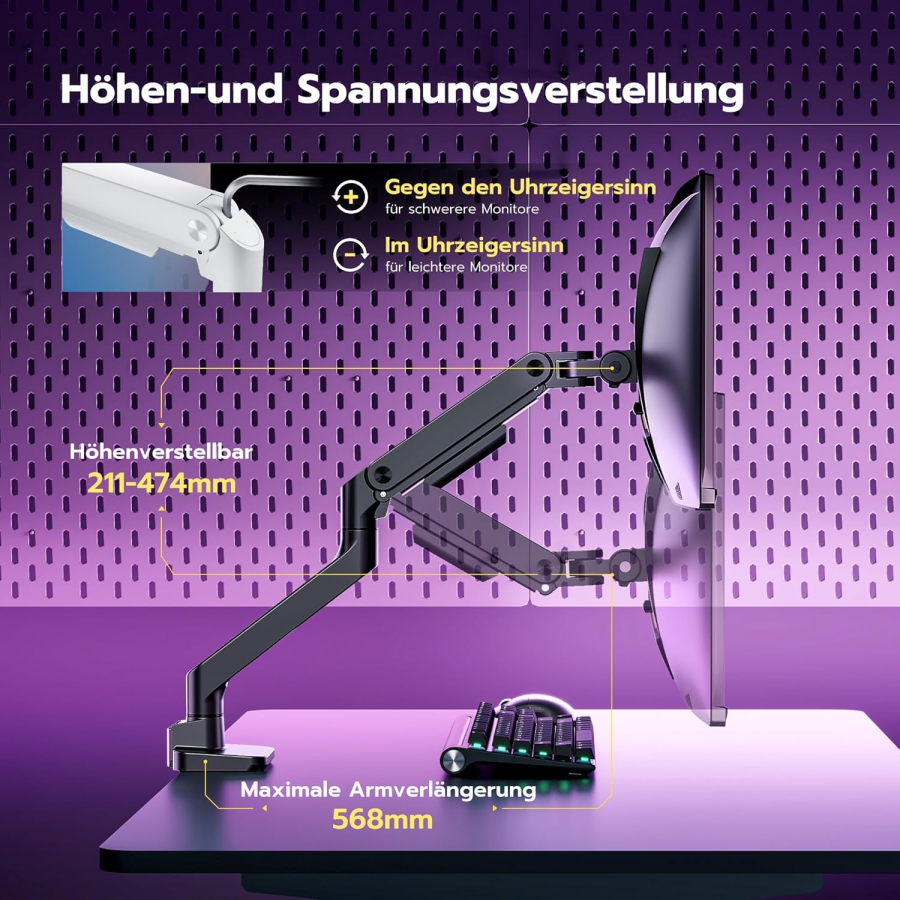 ARES WING Premium Monitorhalterung 17-49" – Gasfeder-Arm bis 20 kg, Schwarz (Maximale Reichweite & Ergonomie: Deine Monitorhalterung für Gaming & Fokuszeit.)