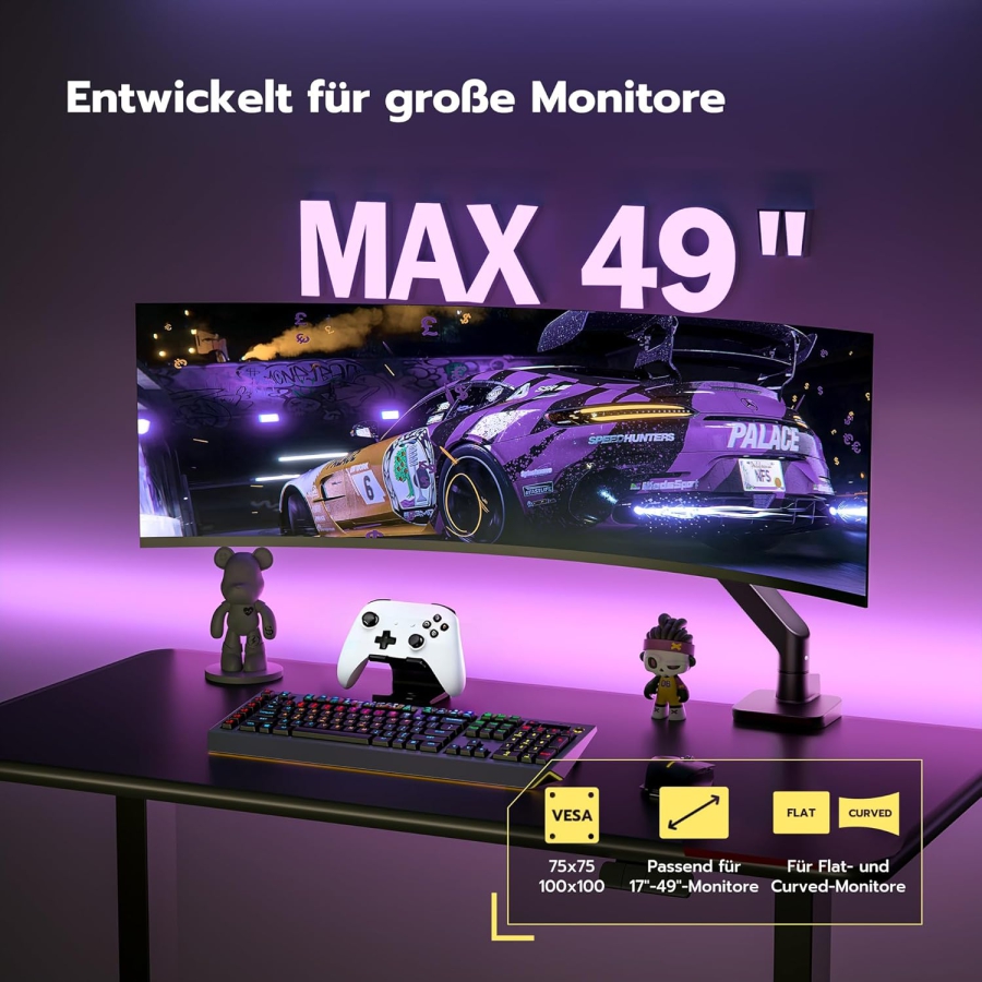 ARES WING Premium Monitorhalterung 17-49" – Gasfeder-Arm bis 20 kg, Schwarz (Maximale Reichweite & Ergonomie: Deine Monitorhalterung für Gaming & Fokuszeit.)