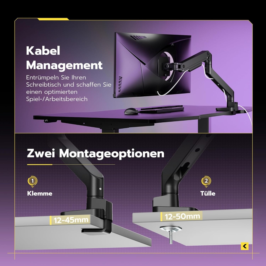 ARES WING Premium Monitorhalterung 17-49" – Gasfeder-Arm bis 20 kg, Schwarz (Maximale Reichweite & Ergonomie: Deine Monitorhalterung für Gaming & Fokuszeit.)