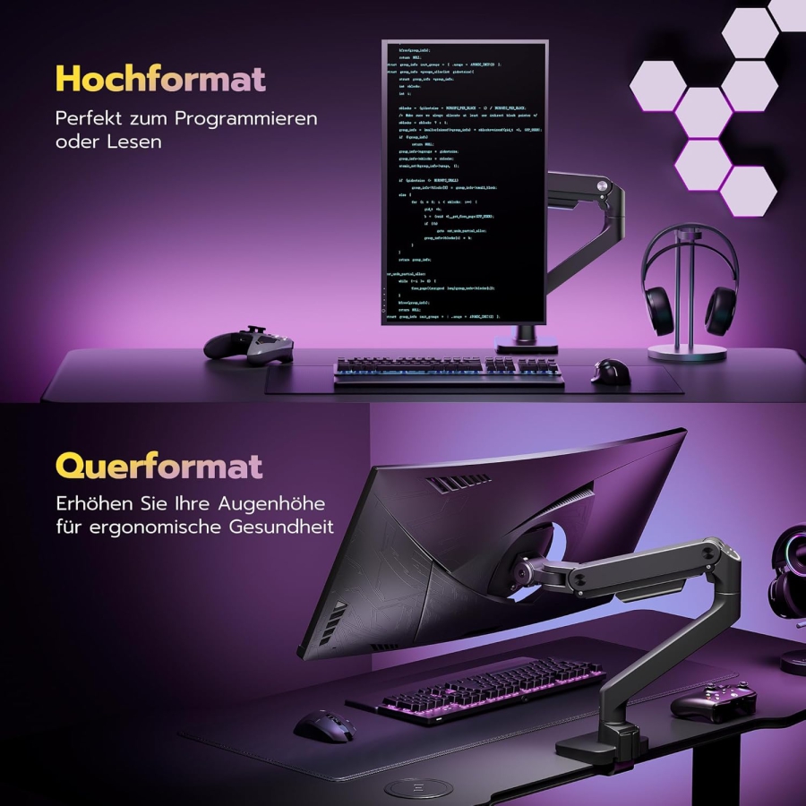 ARES WING Premium Monitorhalterung 17-49" – Gasfeder-Arm bis 20 kg, Schwarz (Maximale Reichweite & Ergonomie: Deine Monitorhalterung für Gaming & Fokuszeit.)