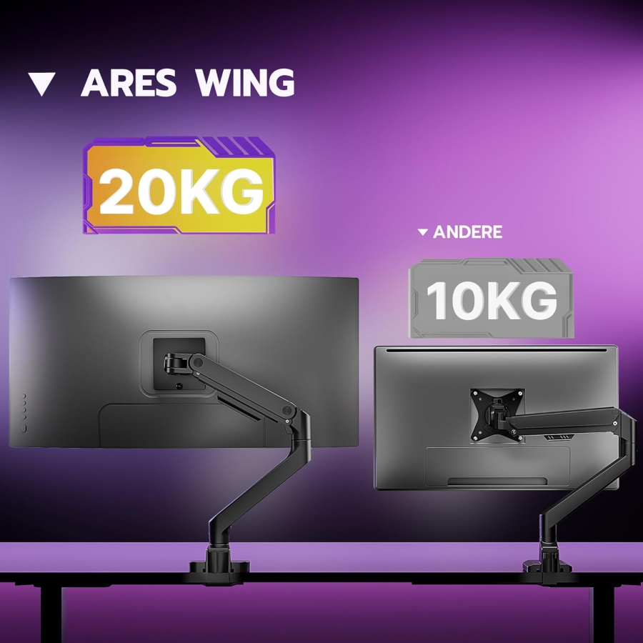 ARES WING Premium Monitorhalterung 17-49" – Gasfeder-Arm bis 20 kg, Schwarz (Maximale Reichweite & Ergonomie: Deine Monitorhalterung für Gaming & Fokuszeit.)