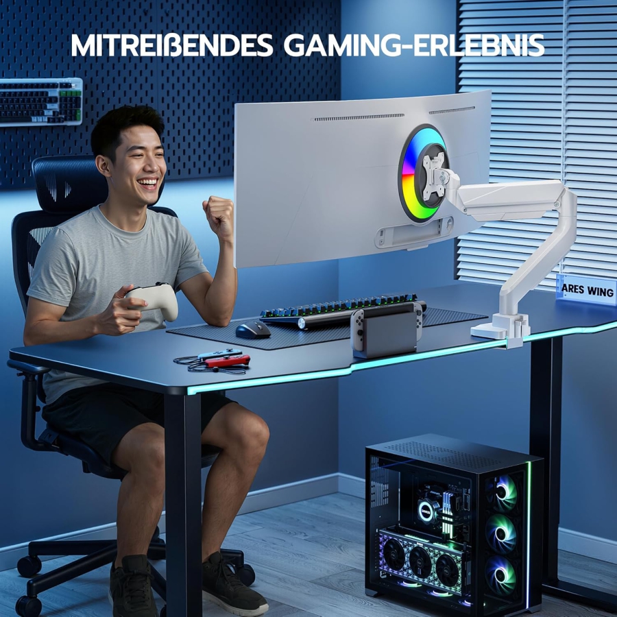 ARES WING Schwerlast Gaming-Monitorarm Weiß für 17-49 Zoll (Max. 18 kg) (Ergonomische Gasfeder-Halterung für Ultrawide & Curved Displays – VESA 75/100.)