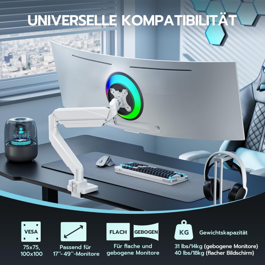 ARES WING Schwerlast Gaming-Monitorarm Weiß für 17-49 Zoll (Max. 18 kg) (Ergonomische Gasfeder-Halterung für Ultrawide & Curved Displays – VESA 75/100.)