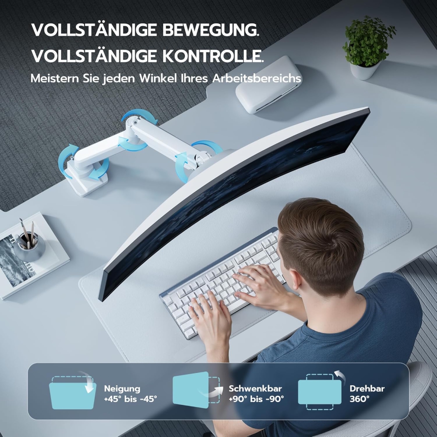 ARES WING Schwerlast Gaming-Monitorarm Weiß für 17-49 Zoll (Max. 18 kg) (Ergonomische Gasfeder-Halterung für Ultrawide & Curved Displays – VESA 75/100.)