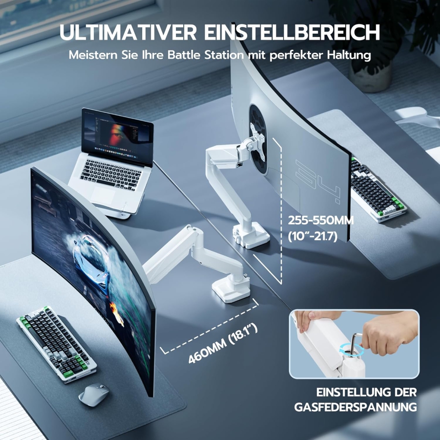 ARES WING Schwerlast Gaming-Monitorarm Weiß für 17-49 Zoll (Max. 18 kg) (Ergonomische Gasfeder-Halterung für Ultrawide & Curved Displays – VESA 75/100.)