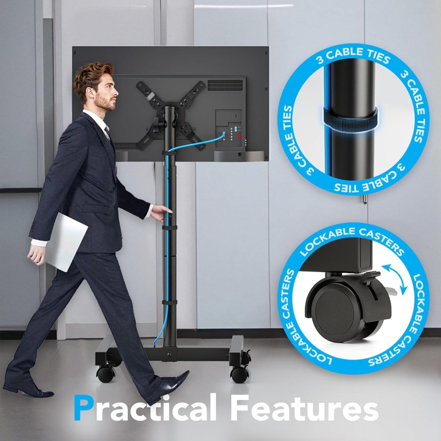 AX WABER Mobiler TV-Ständer für 13–50 Zoll Fernseher (Höhenverstellbar) (Flexibler TV-Rollwagen mit 8-stufiger Höhenverstellung und Neigungswinkel für LCD/LED/OLED.)